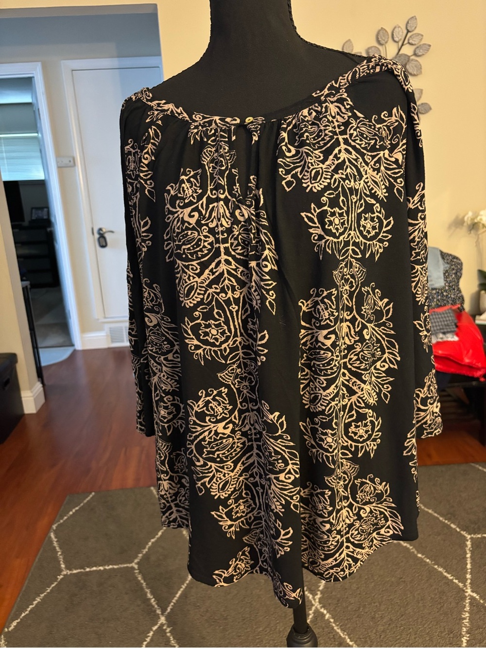 Lucky Brand Black A-Line Skirt with Cream Floral Pattern